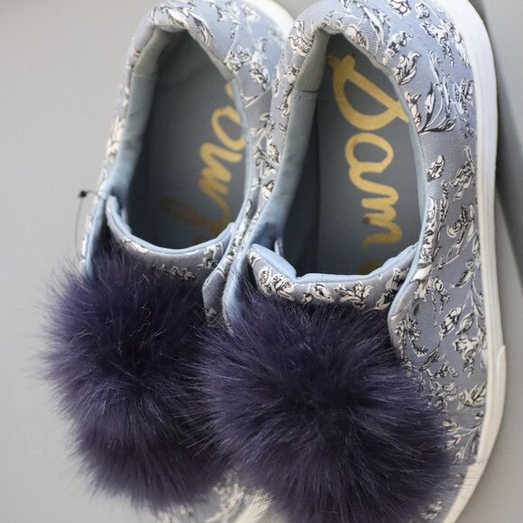 Sam Edelman Leya Sneaker  Pom Pom Slip on Sneakers Blue Denim Floral Size 9 - Picture 2 of 14